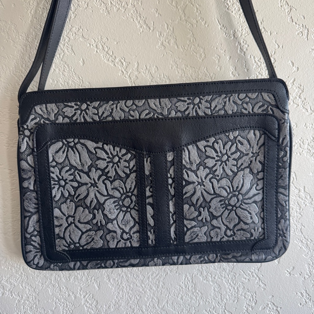 Floral Black and Gray Tooled Faux Leather Shoulder Bag Arizona